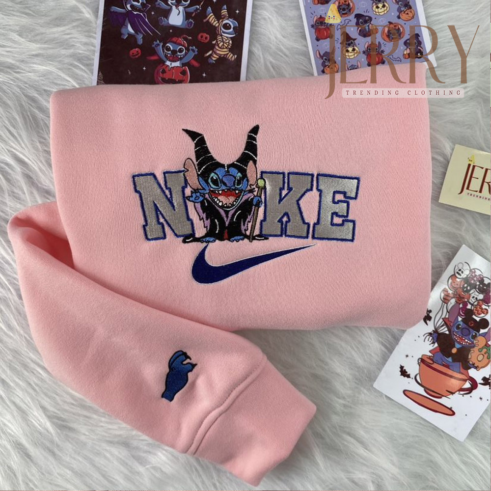 Personalized Maleficent Stitch Nike Embroidered Sweatshirt, Perfect Couple Gift For Halloween